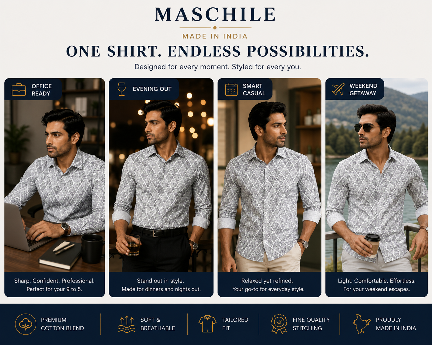 Gray Diamond Print Slim Fit Full Sleeve Pure Cotton Shirt