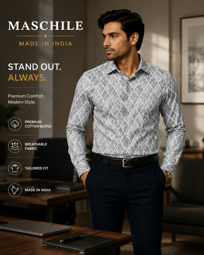 Gray Diamond Print Slim Fit Full Sleeve Pure Cotton Shirt