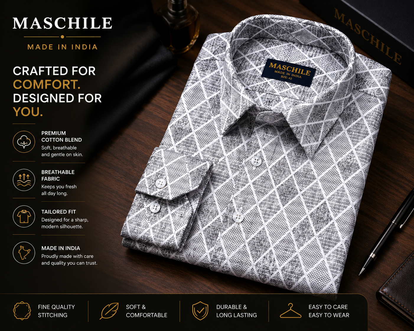Gray Diamond Print Slim Fit Full Sleeve Pure Cotton Shirt