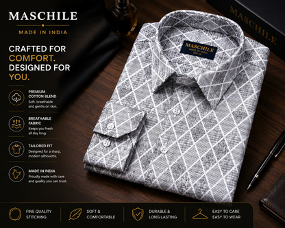 Gray Diamond Print Slim Fit Full Sleeve Pure Cotton Shirt