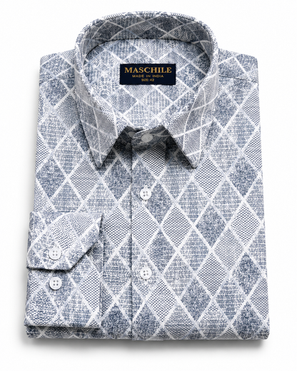 Gray and Blue Diamond Print Slim Fit Full Sleeve Pure Cotton Shirt