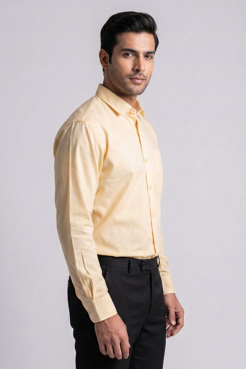 Men’s Solid Pastel Light Yellow (Lemon)  Cotton Shirt – Slim Fit (Cotton Slub) Full Sleeve