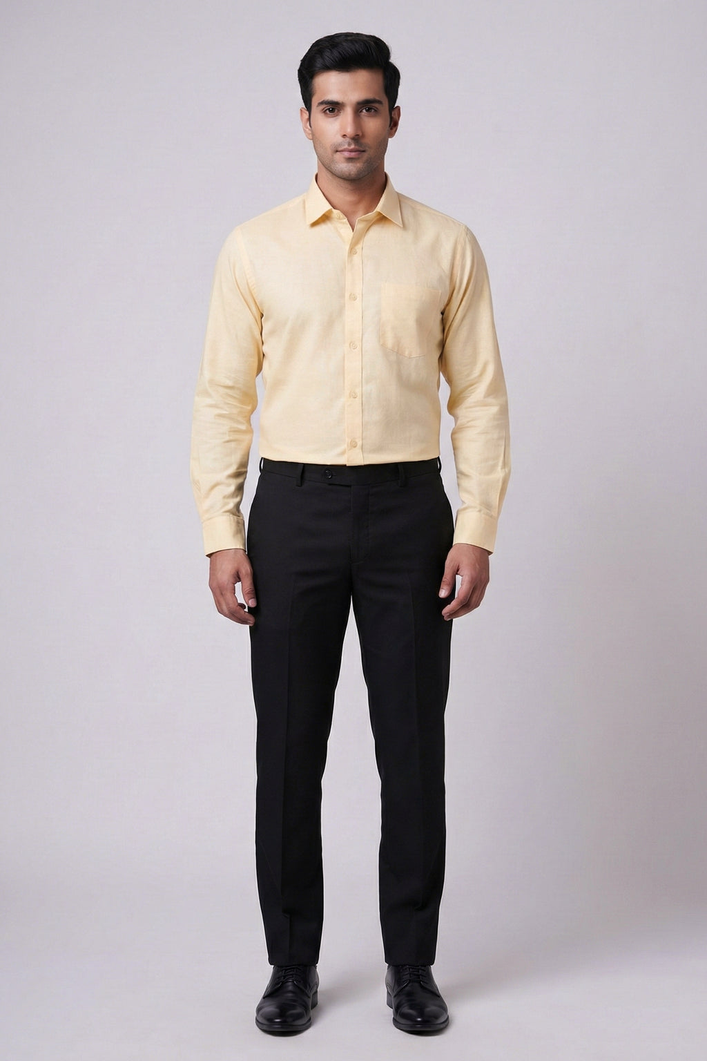 Men’s Solid Pastel Light Yellow (Lemon)  Cotton Shirt – Slim Fit (Cotton Slub) Full Sleeve
