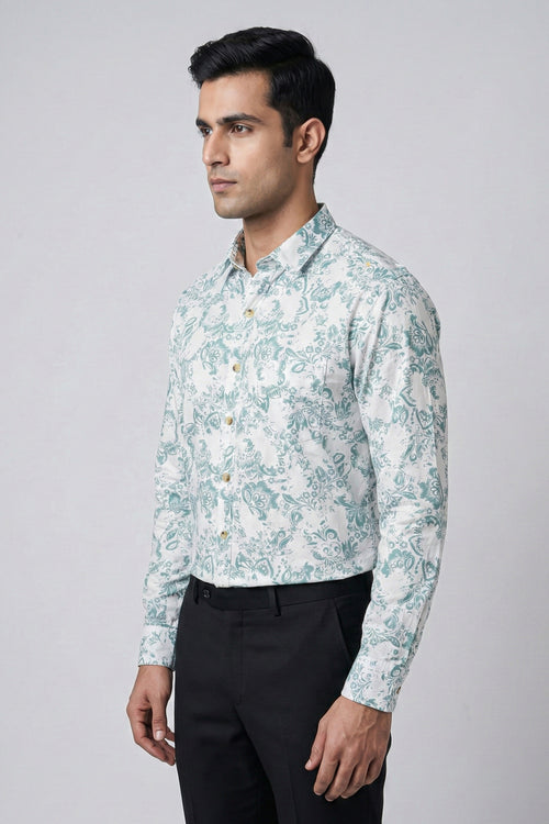 Men’s Printed Cotton Shirt | Slim Fit Smart Casual – Mint Green D2 (Full Sleeve)