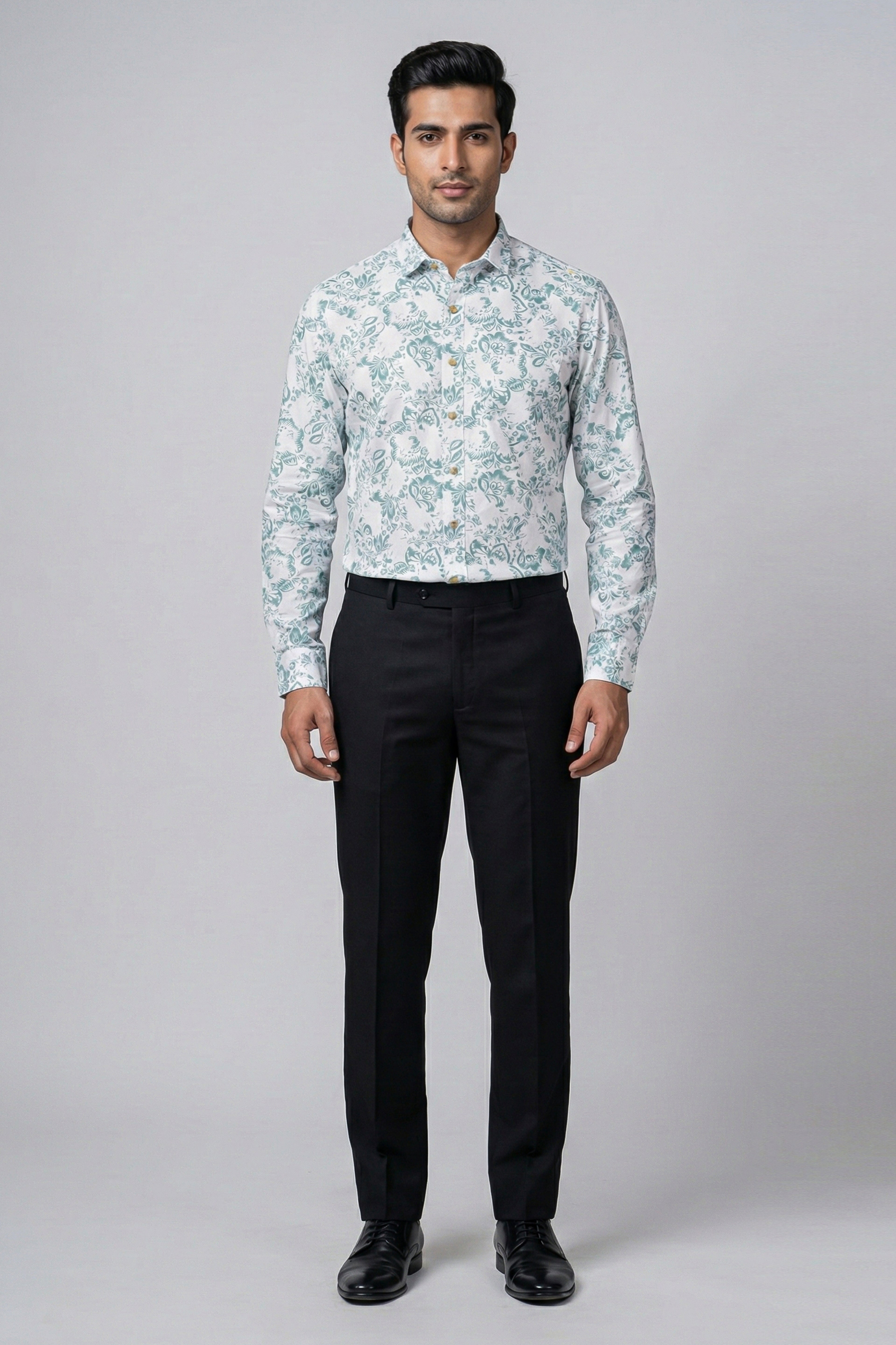 Men’s Printed Cotton Shirt | Slim Fit Smart Casual – Mint Green D2 (Full Sleeve)