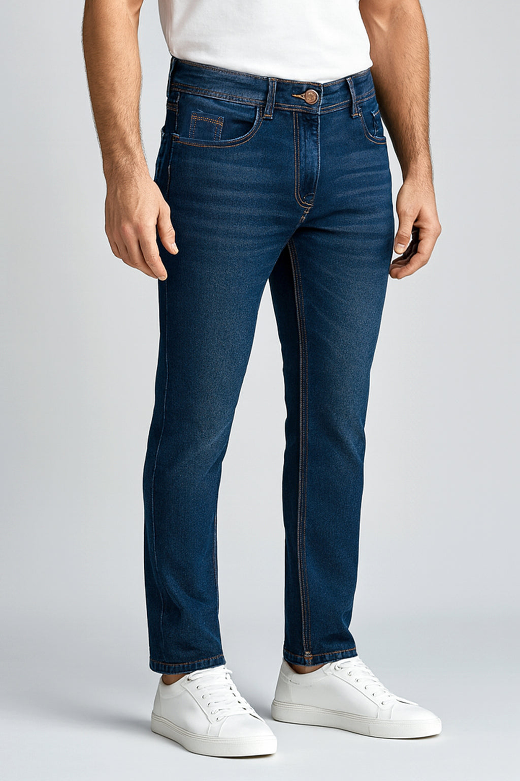 Men’s Dark Blue Stretch Jeans – Slim Straight Fit Denim (Mid Town)