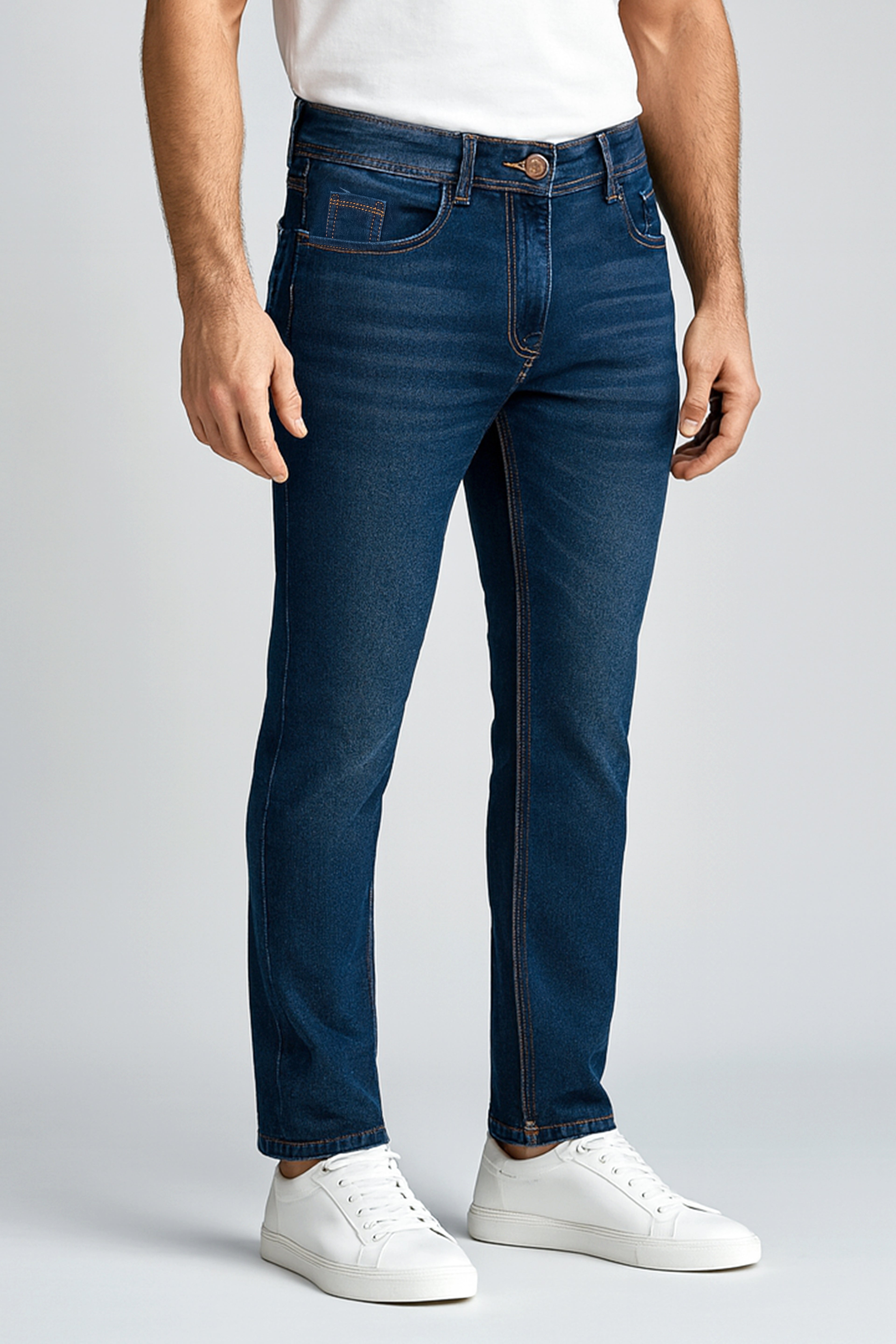Men’s Dark Blue Stretch Jeans – Slim Straight Fit Denim (Mid Town)