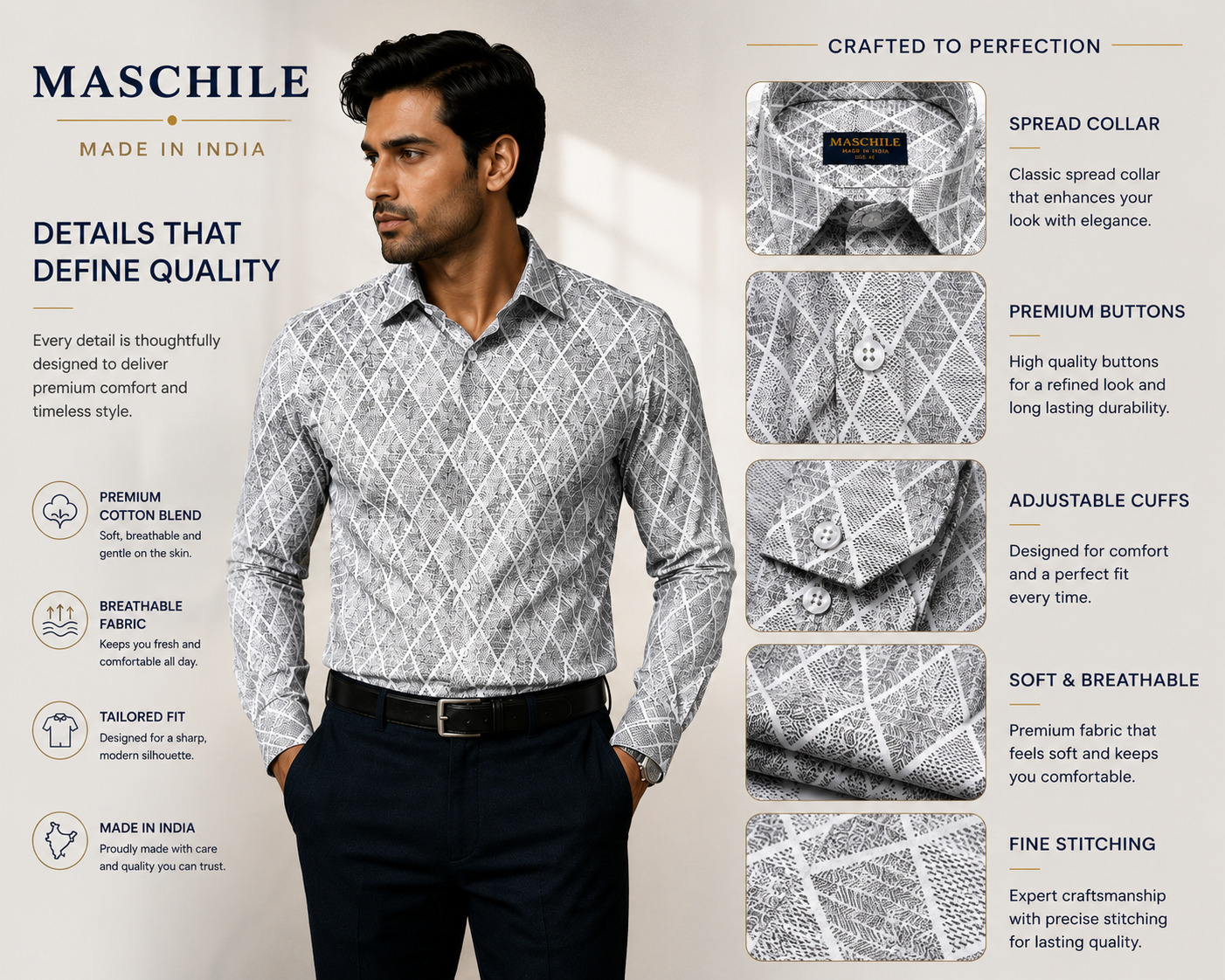 Gray Diamond Print Slim Fit Full Sleeve Pure Cotton Shirt