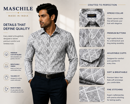 Gray Diamond Print Slim Fit Full Sleeve Pure Cotton Shirt