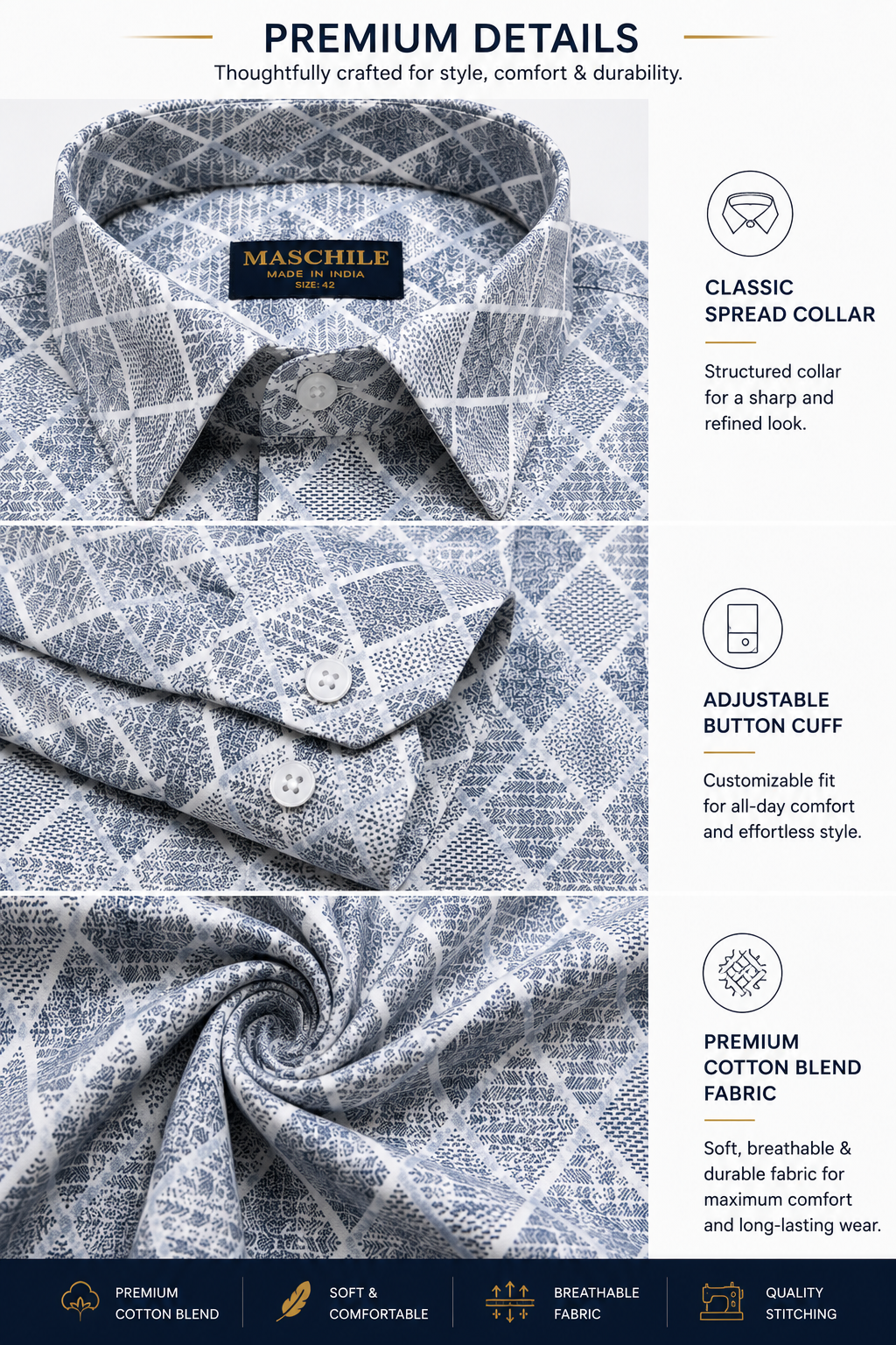 Gray and Blue Diamond Print Slim Fit Full Sleeve Pure Cotton Shirt