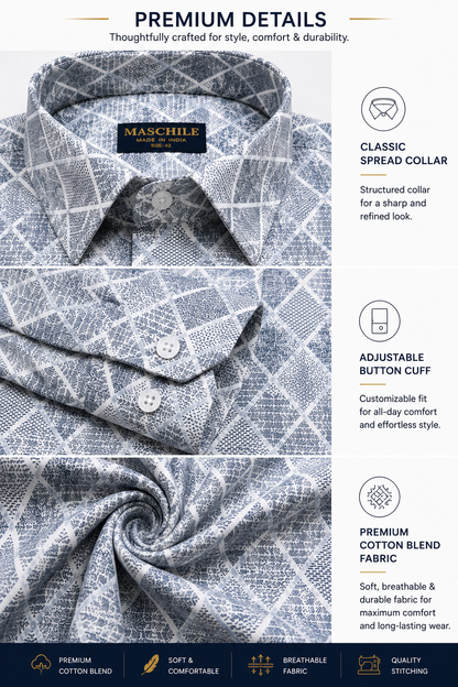 Gray and Blue Diamond Print Slim Fit Full Sleeve Pure Cotton Shirt
