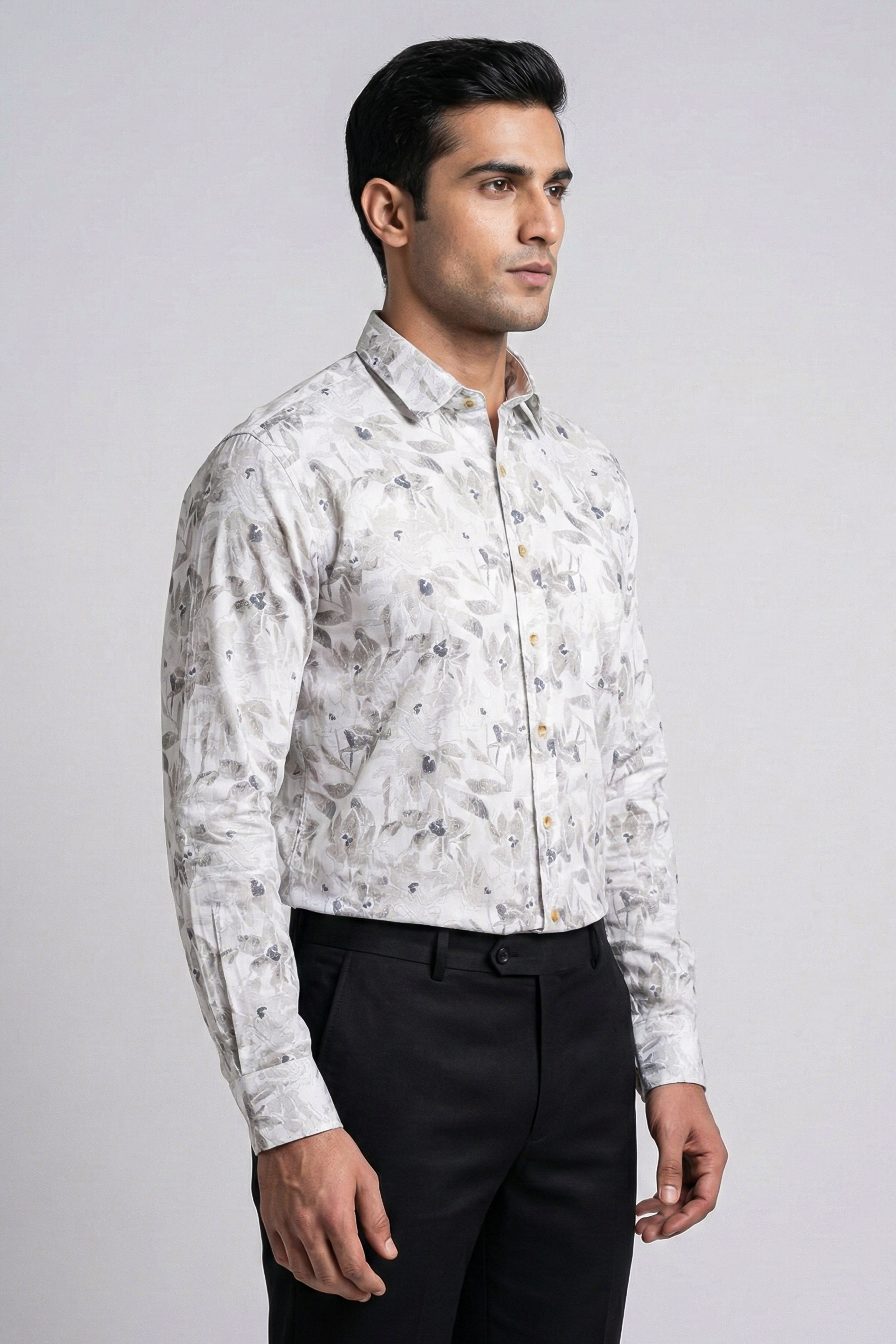 Men’s Printed Cotton Shirt | Slim Fit Office & Casual Wear – Grey D5 (Full Sleeve)