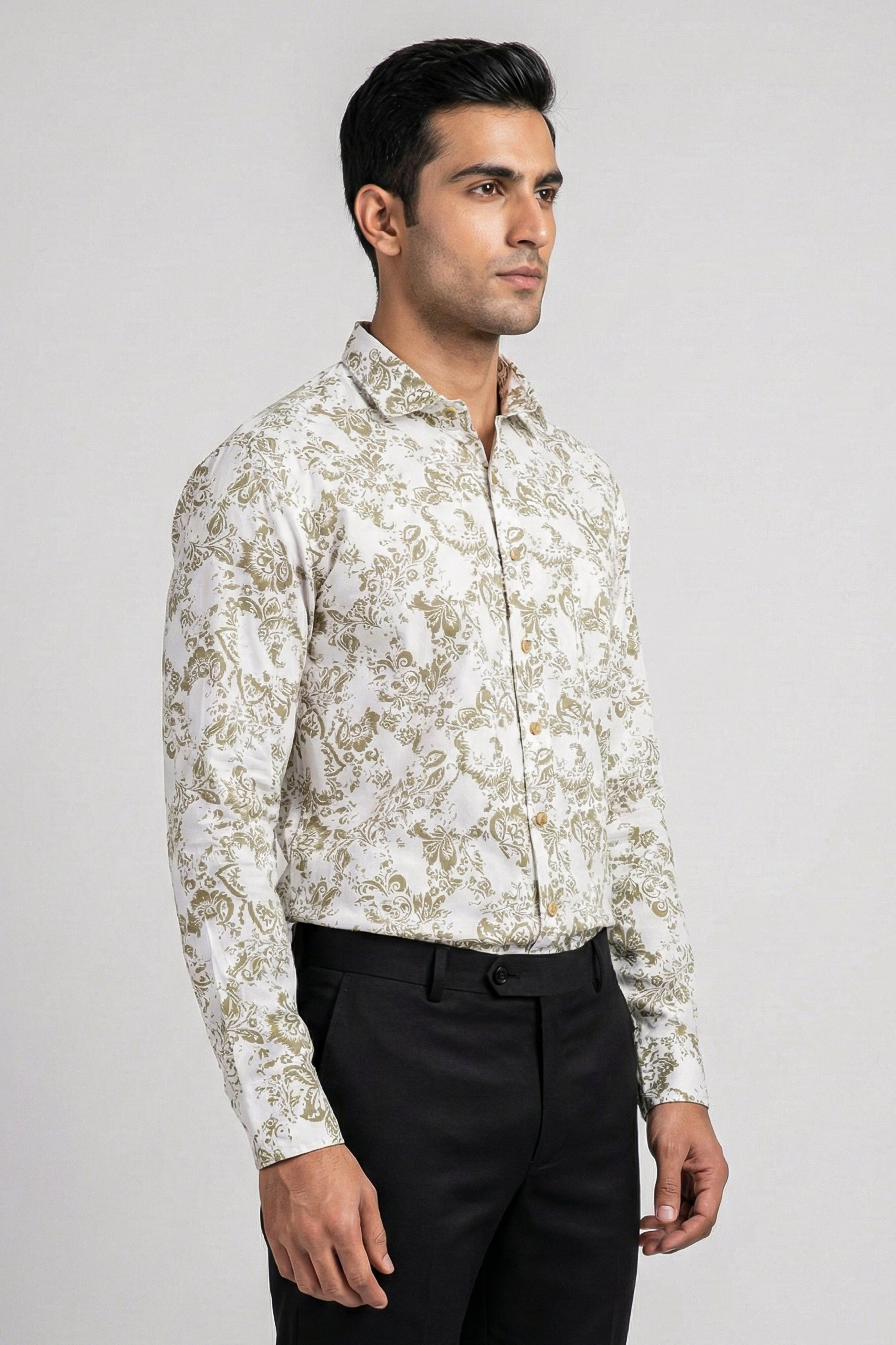 Men’s Printed Cotton Shirt | Slim Fit Office & Casual Wear – Grey D5 (Full Sleeve)