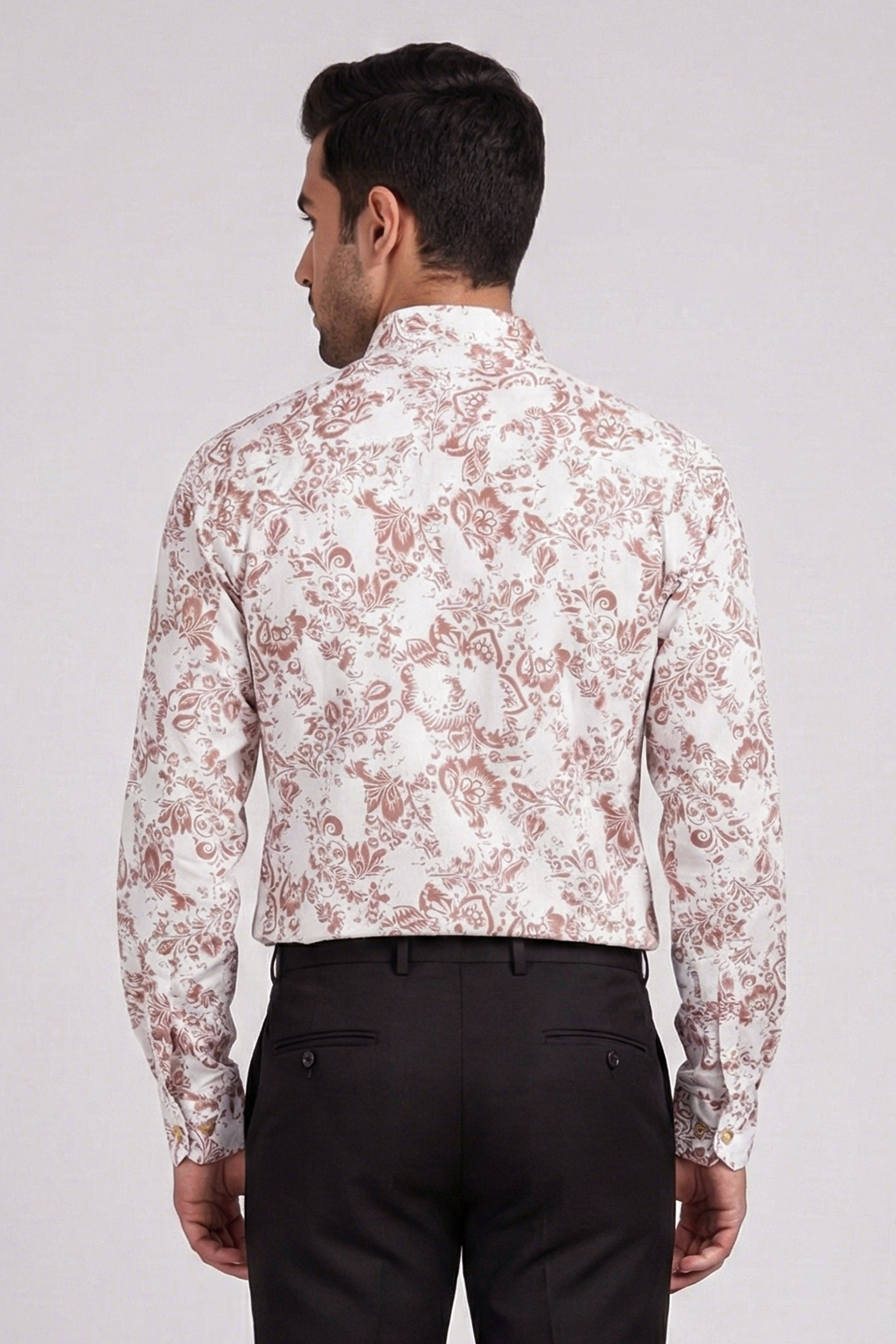 Men’s Fresh Leaf Print Shirt – Slim Fit | Off-White Green D4 (Full Sleeve)