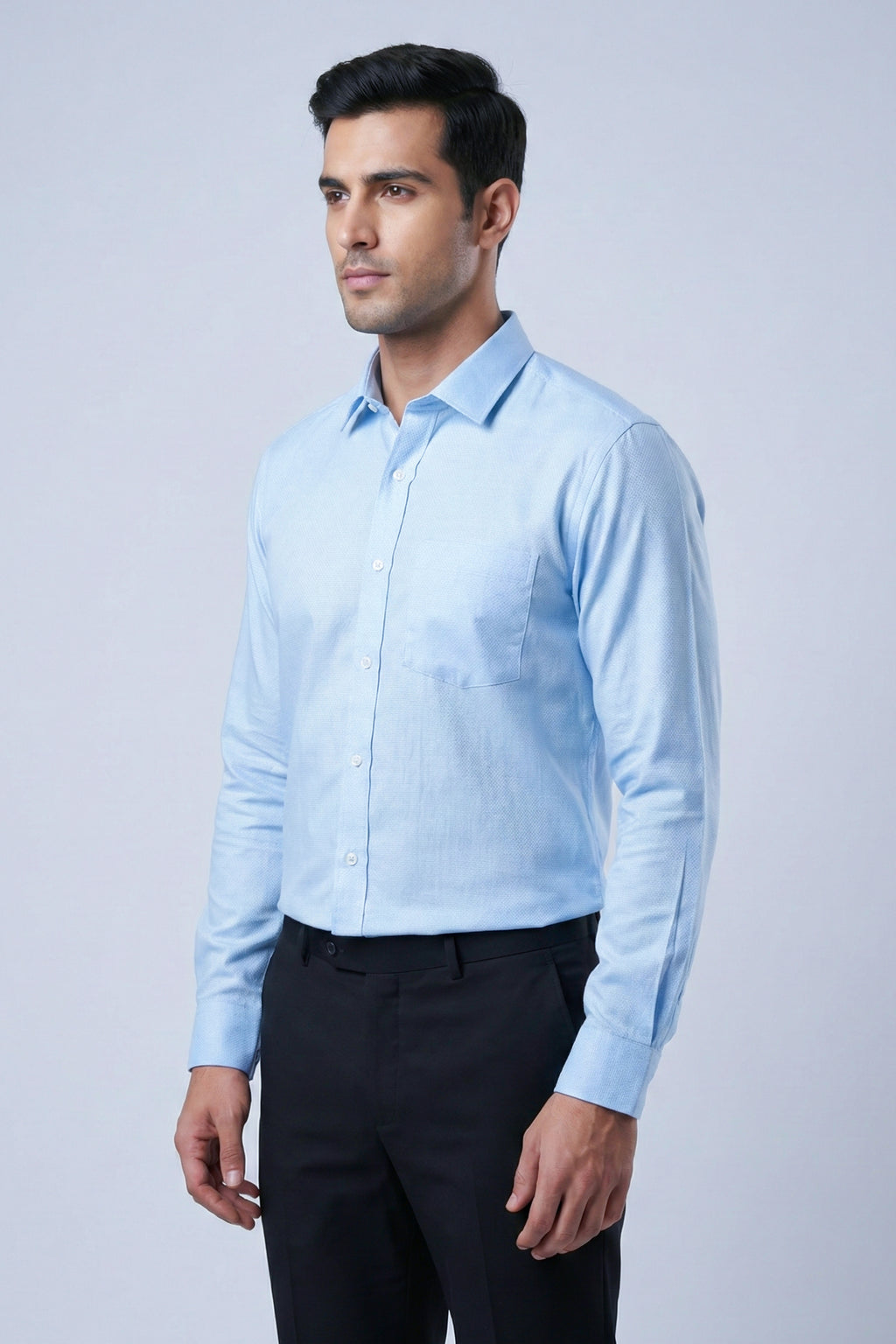 Men’s Solid Light Blue Cotton Shirt – Slim Fit Formal Wear (Cotton Slub) Full Sleeve