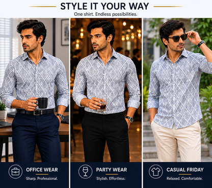 Gray and Blue Diamond Print Slim Fit Full Sleeve Pure Cotton Shirt