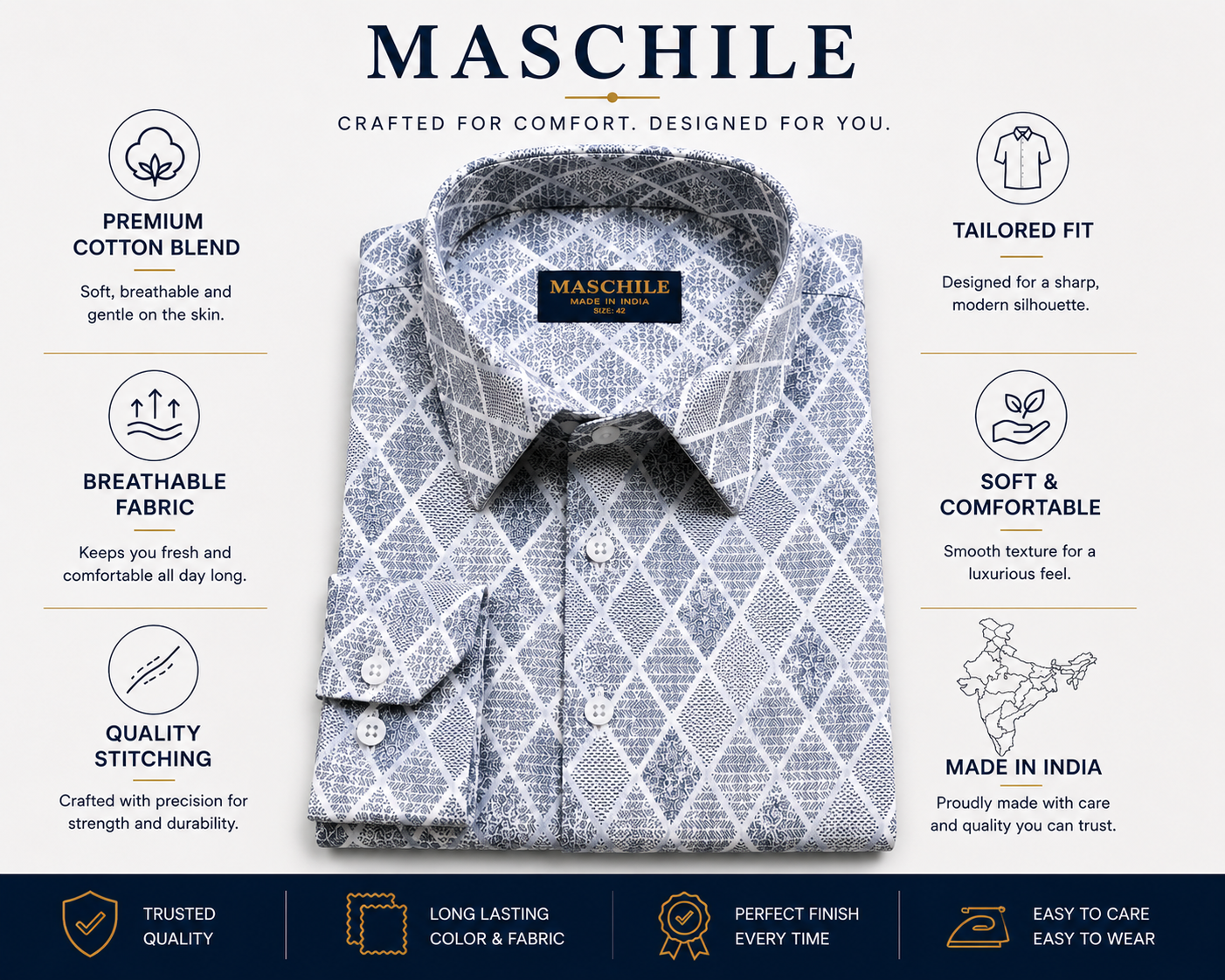 Gray and Blue Diamond Print Slim Fit Full Sleeve Pure Cotton Shirt