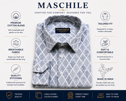 Gray and Blue Diamond Print Slim Fit Full Sleeve Pure Cotton Shirt