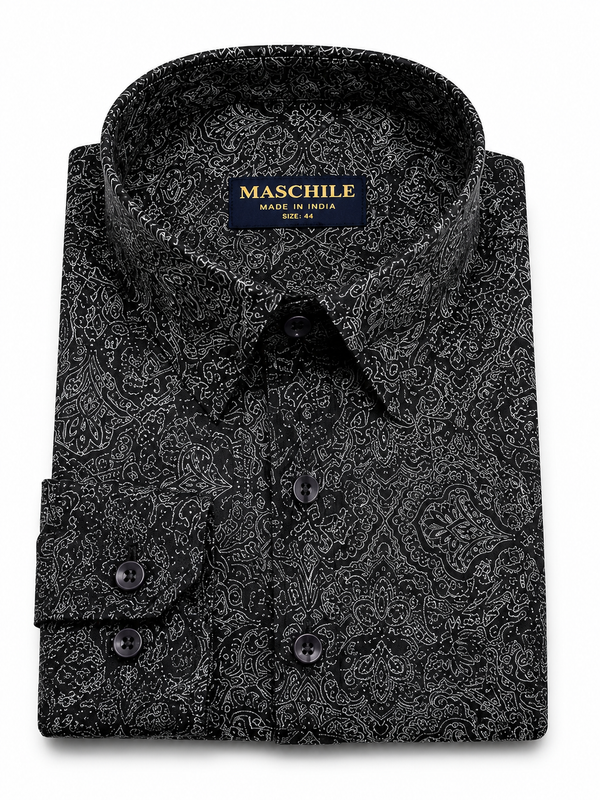 Maschile Men's Pure Cotton Black Paisley Print Slim Fit Full Sleeve Shirt with Pocket