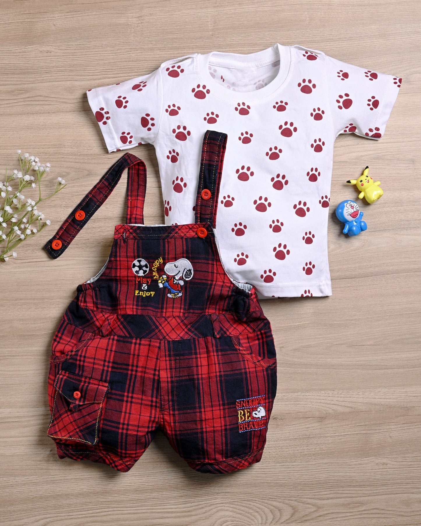 Unisex Baby Red Checked Dungaree Set with T-Shirt | ShopYouLike