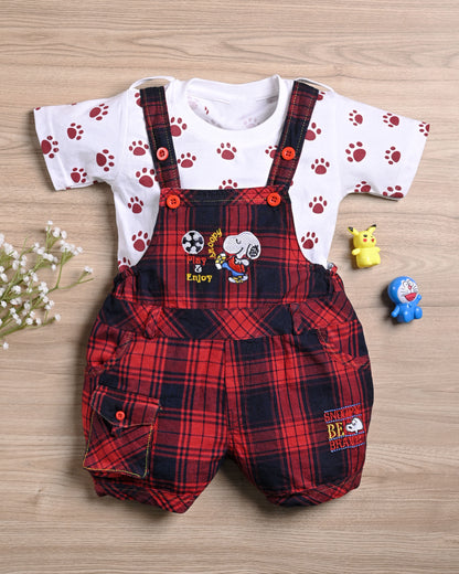 Unisex Baby Red Checked Dungaree Set with T-Shirt | ShopYouLike