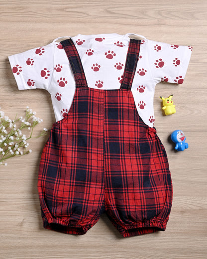 Unisex Baby Red Checked Dungaree Set with T-Shirt | ShopYouLike