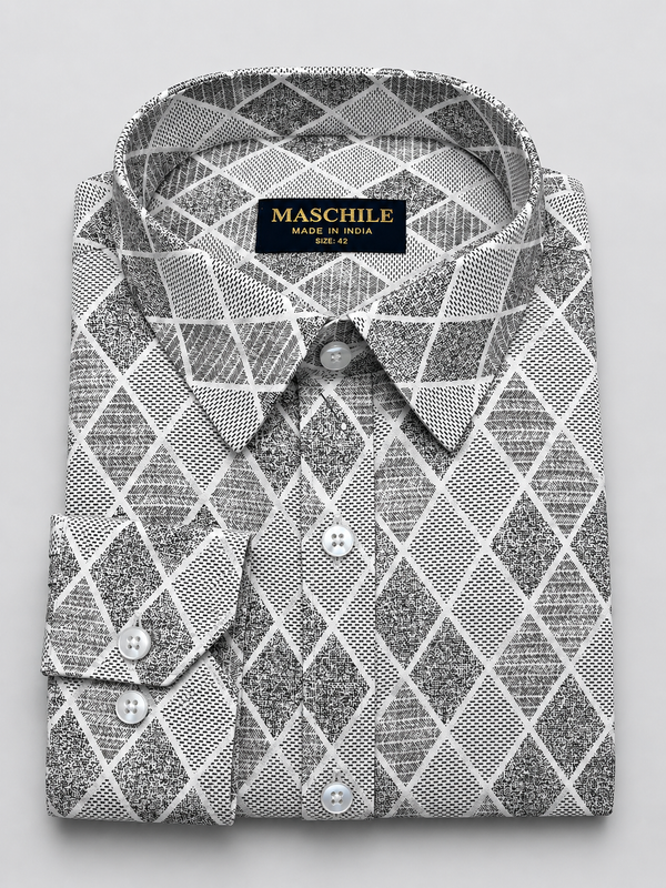 Maschile Men's Pure Cotton Gray Diamond Print Slim Fit Full Sleeve Shirt