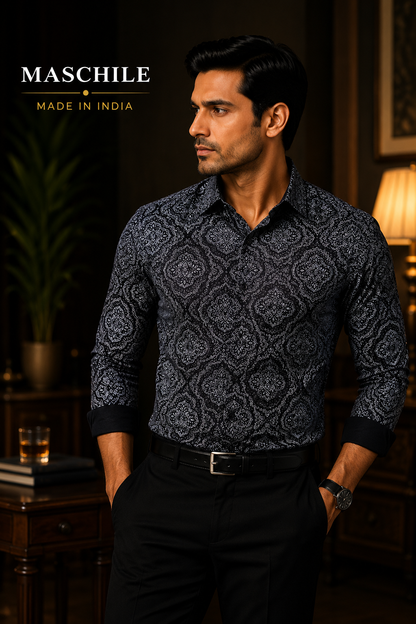 Black Paisley Print Pure Cotton Slim Fit Full Sleeve Shirt
