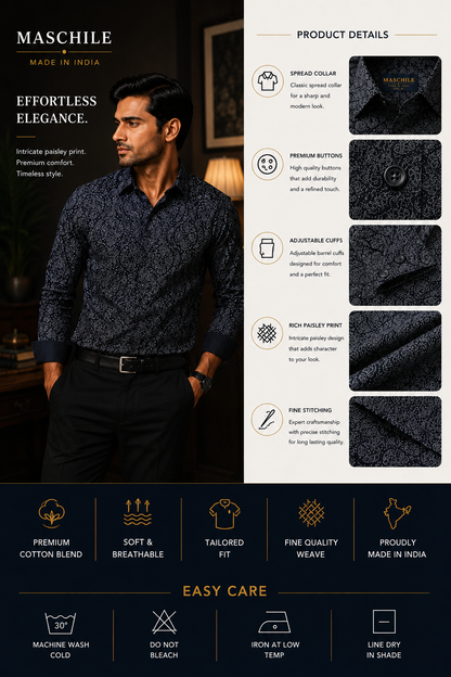 Black Paisley Print Pure Cotton Slim Fit Full Sleeve Shirt