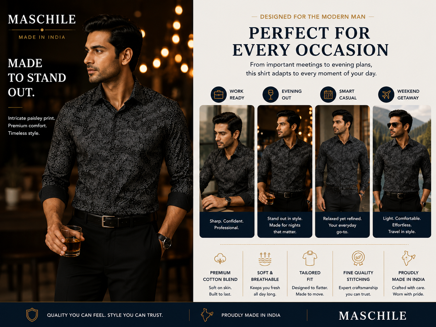 Navy Blue Paisley Print Pure Cotton Slim Fit Full Sleeve Shirt with Pocket
