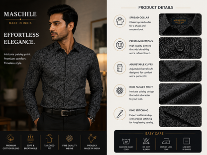 Navy Blue Paisley Print Pure Cotton Slim Fit Full Sleeve Shirt with Pocket