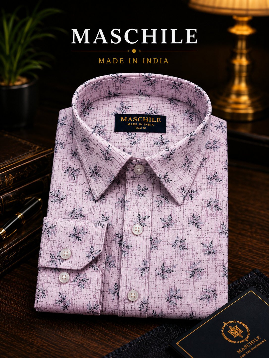 Pink Leaf Print Pure Cotton Full Sleeve Shirt