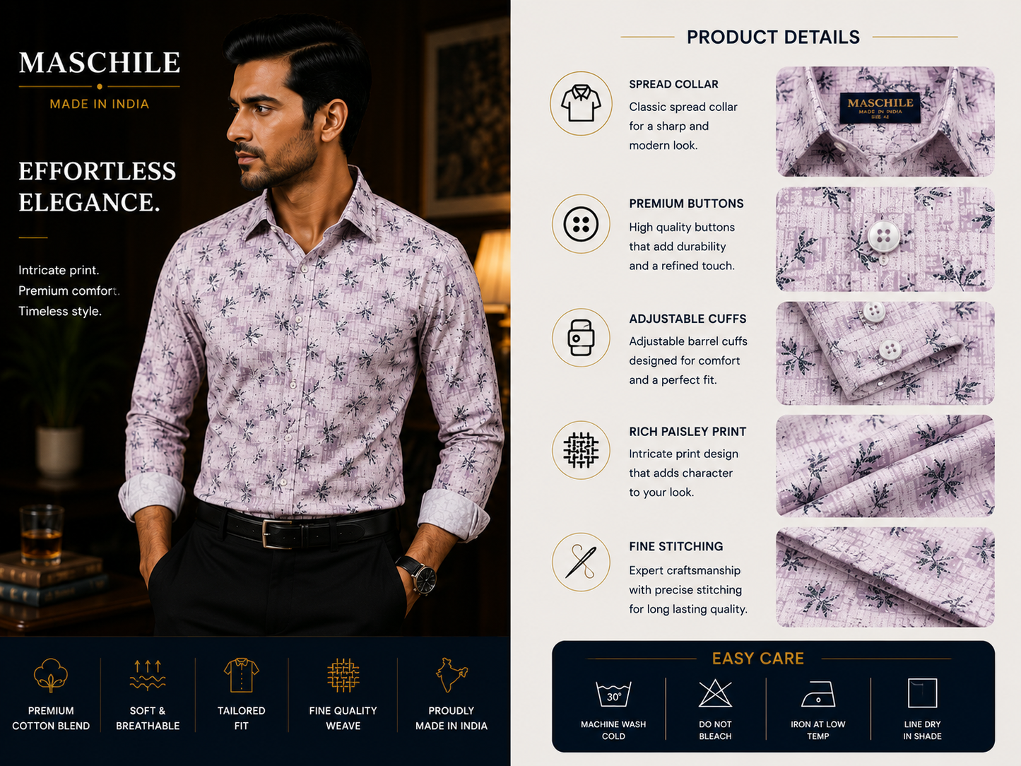 Pink Leaf Print Pure Cotton Full Sleeve Shirt