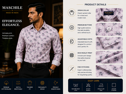 Pink Leaf Print Pure Cotton Full Sleeve Shirt