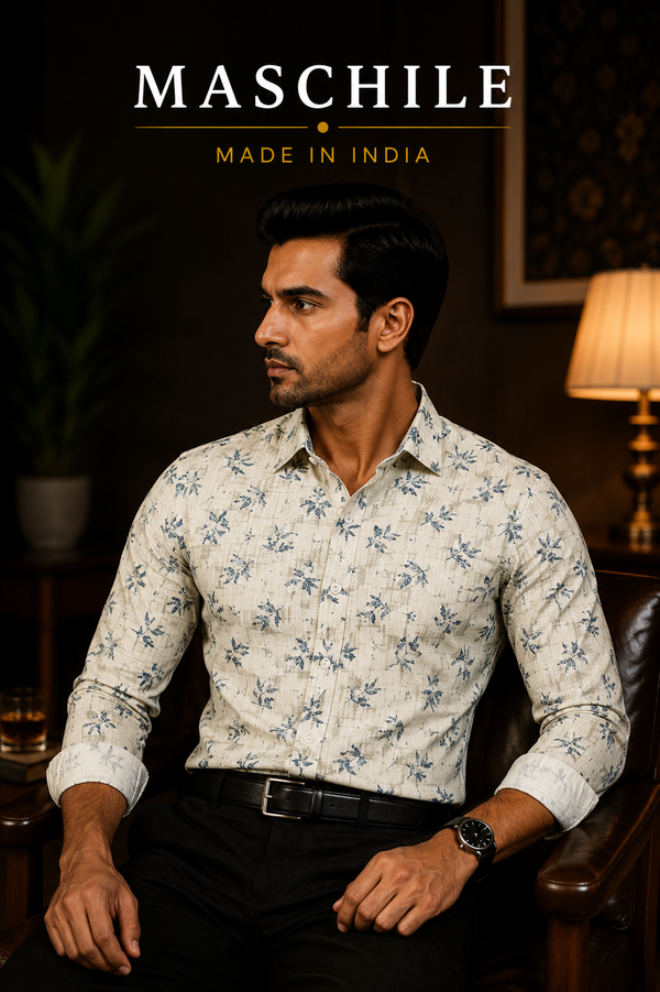 Off White Leaf Print Pure Cotton Full Sleeve Shirt