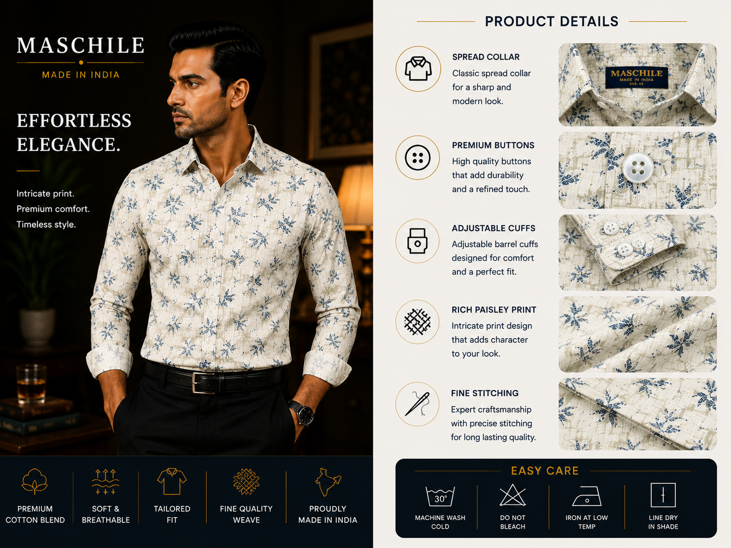 Off White Leaf Print Pure Cotton Full Sleeve Shirt