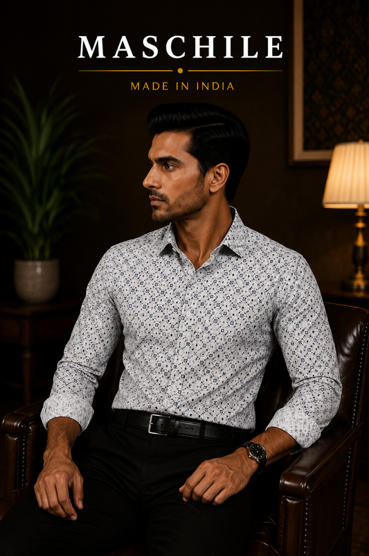 White & Navy Geometric Print Cotton Full Shirt with Pocket
