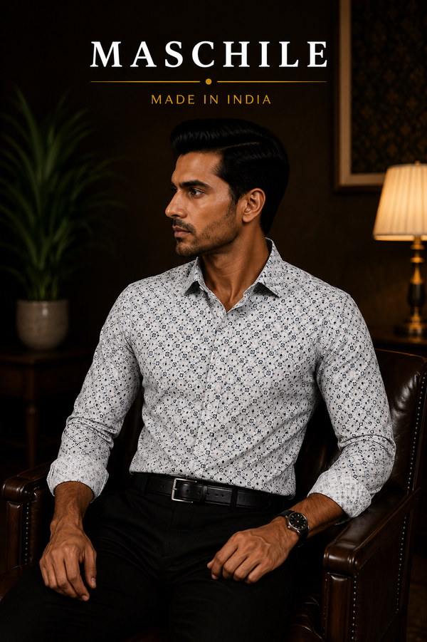White & Navy Geometric Print Cotton Full Shirt with Pocket