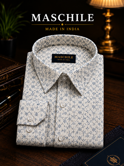 White & Navy Geometric Print Cotton Full Shirt with Pocket