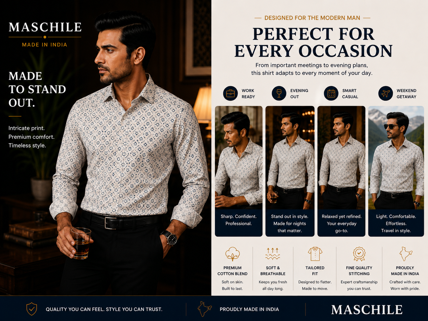 White & Navy Geometric Print Cotton Full Shirt with Pocket