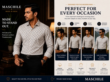 White & Navy Geometric Print Cotton Full Shirt with Pocket