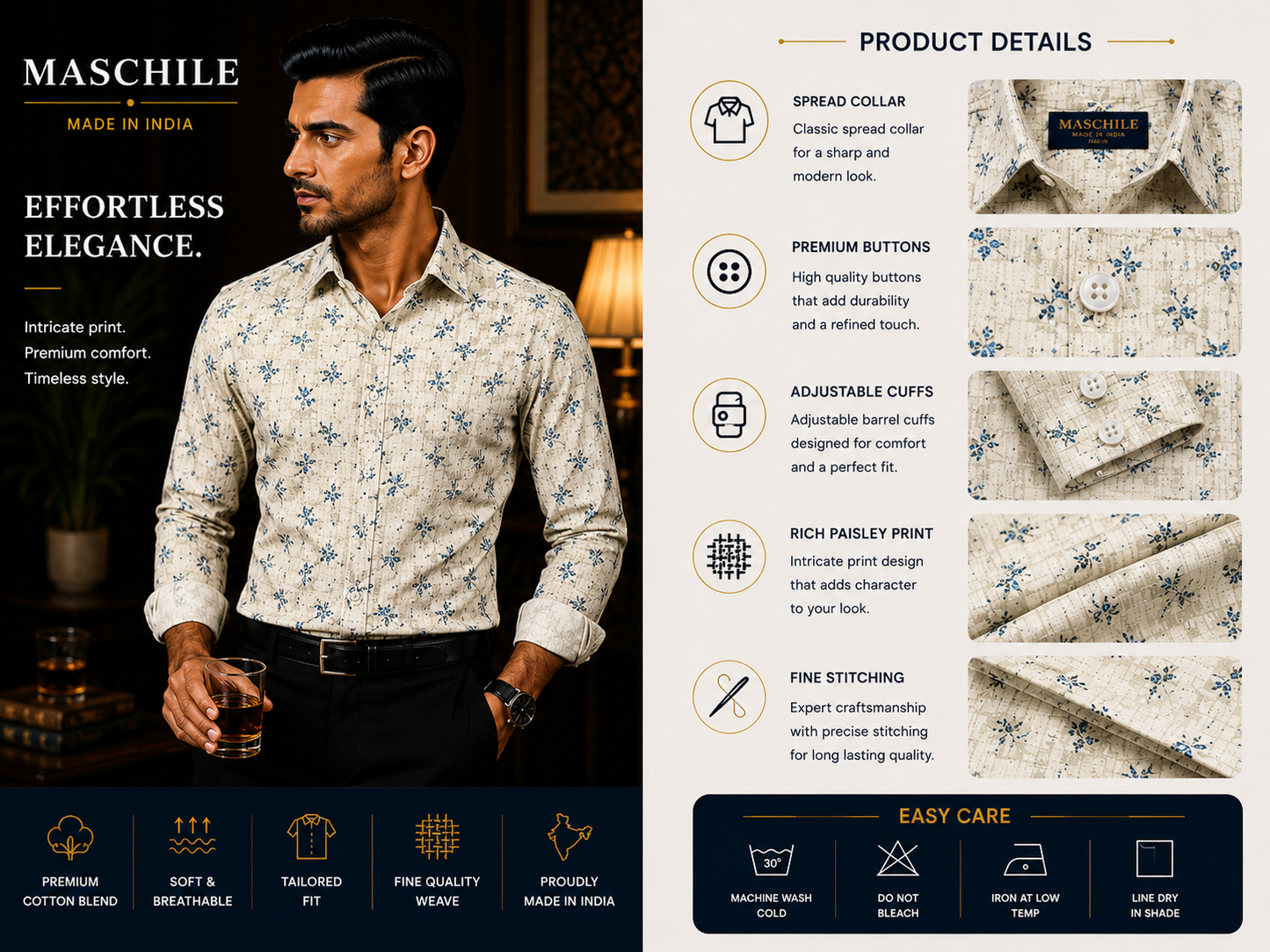 White & Navy Geometric Print Cotton Full Shirt with Pocket