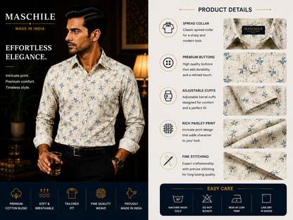 White & Navy Geometric Print Cotton Full Shirt with Pocket