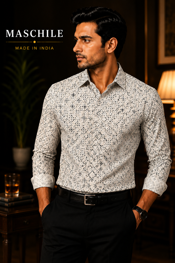 Ivory White Slim Fit Printed Cotton Shirt for Men