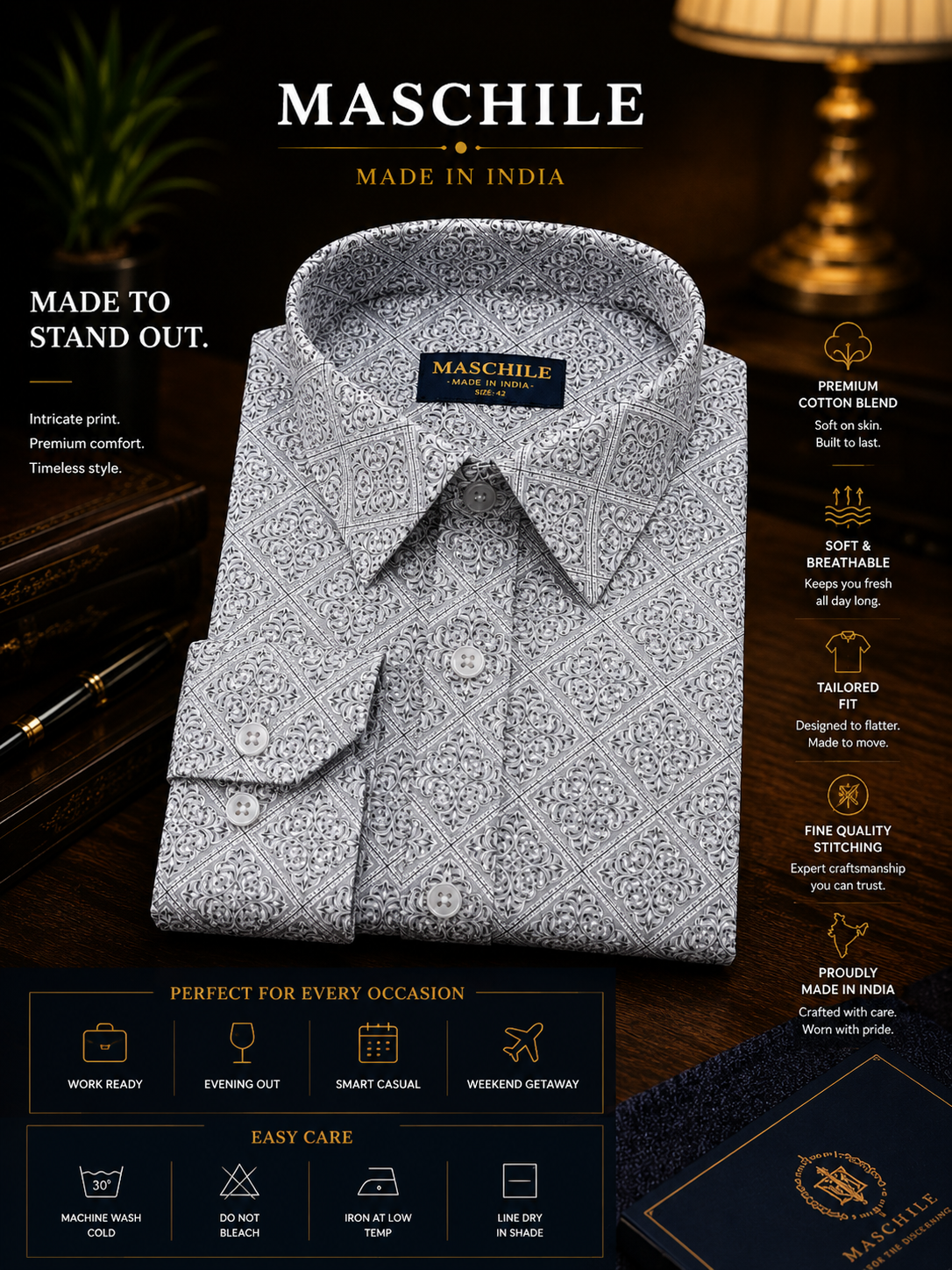 Ivory White Slim Fit Printed Cotton Shirt for Men