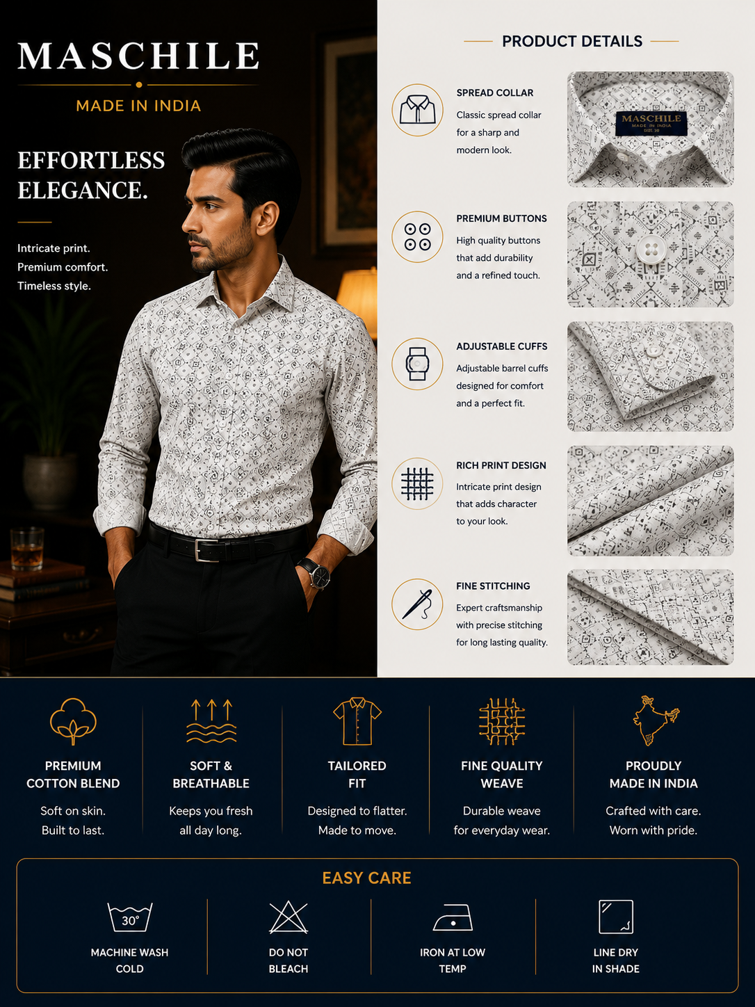Ivory White Slim Fit Printed Cotton Shirt for Men