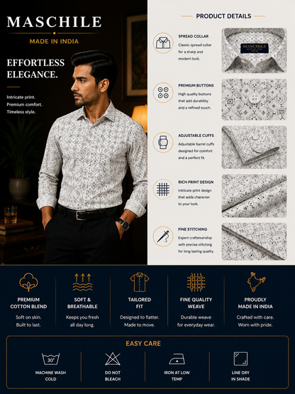 Ivory White Slim Fit Printed Cotton Shirt for Men