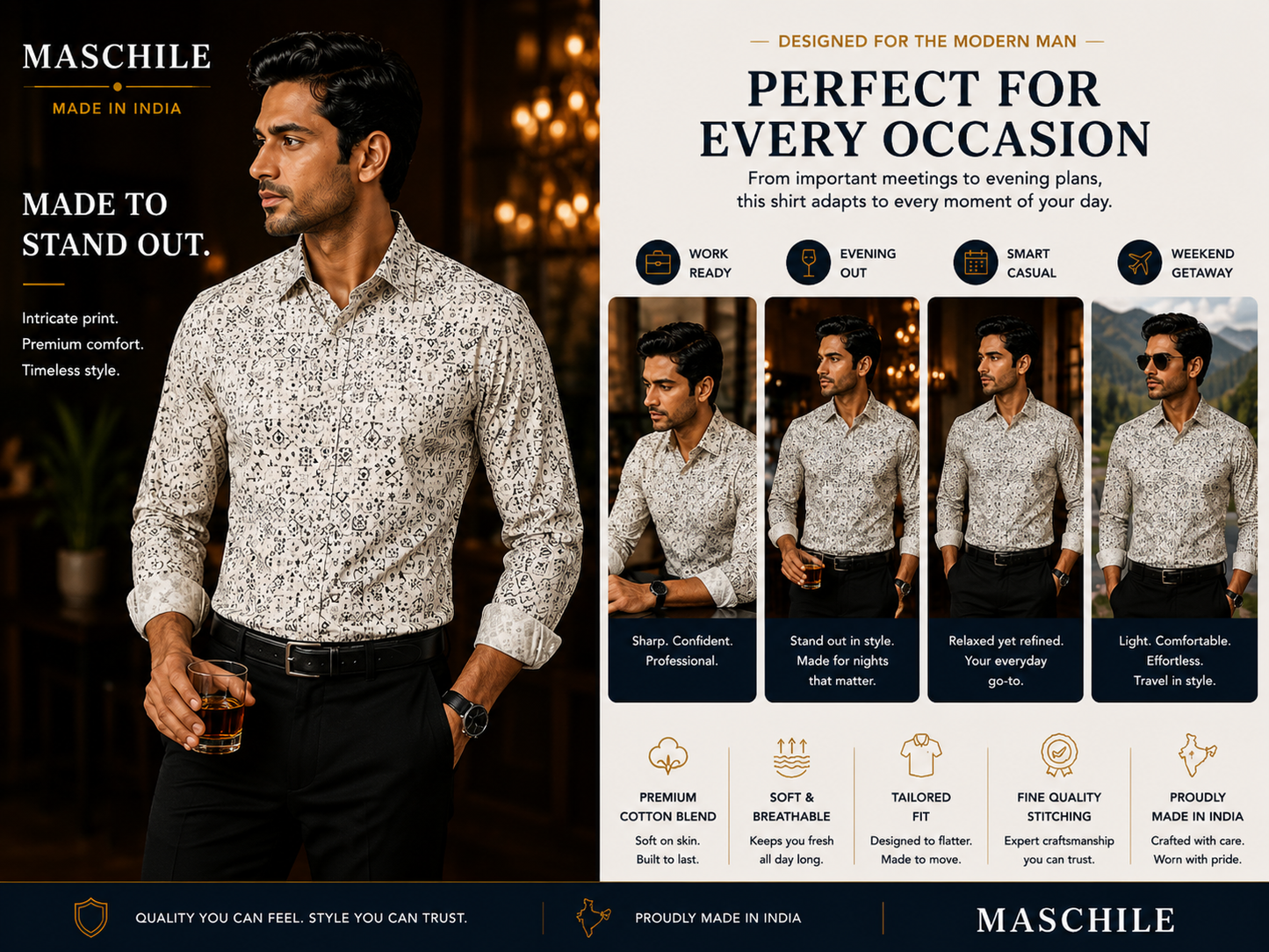 Ivory White Slim Fit Printed Cotton Shirt for Men