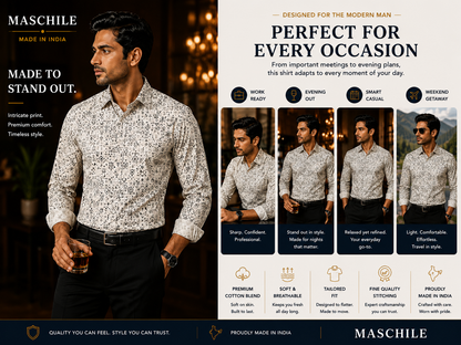 Ivory White Slim Fit Printed Cotton Shirt for Men