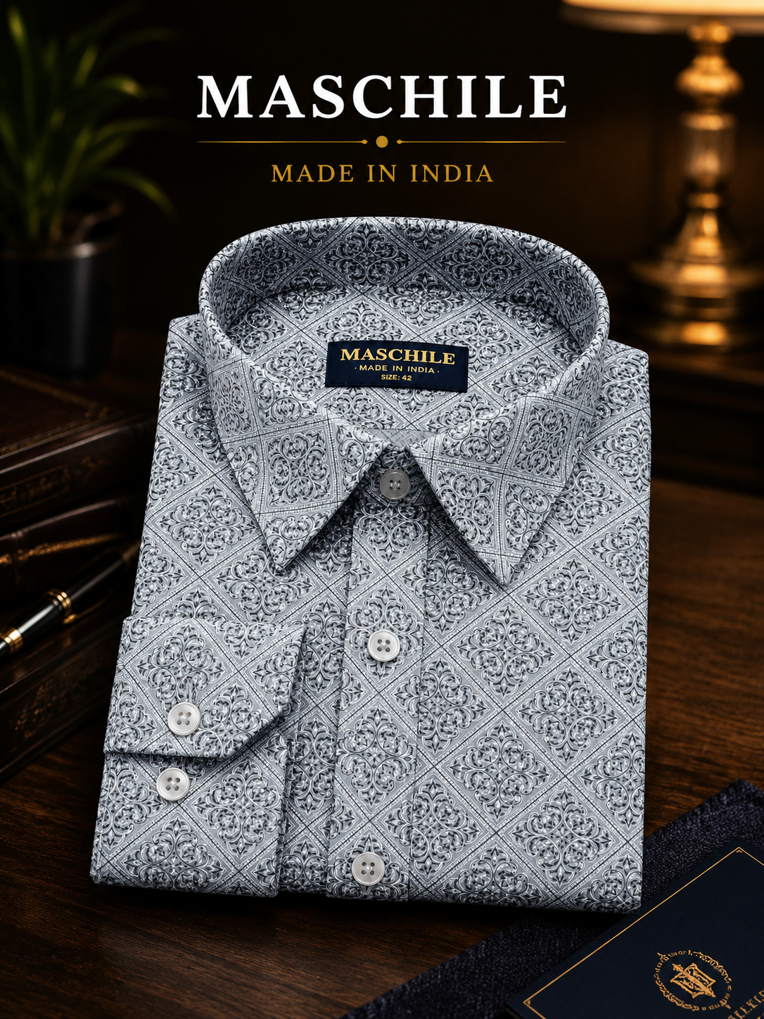 Steel Grey Ornamental Print Pure Cotton Slim Fit Full Sleeve Shirt